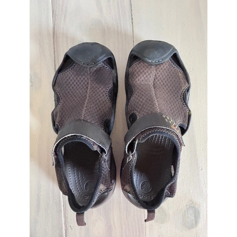 Crocs 15041 Mens Sport Fisherman Sandals Brown Black Mesh Size 8 EUR 41 UK 7.5